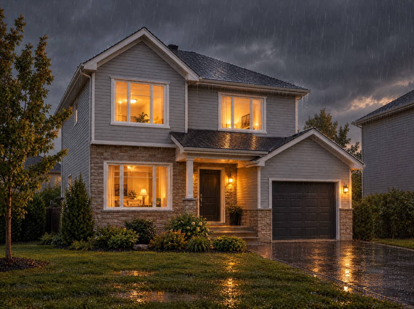 Suburban house in autumn rain, windows lit from inside